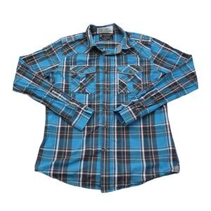 Marck Ecko Shirt Mens S Blue Plaid Woven Button Up Long Sleeve Collared Top
